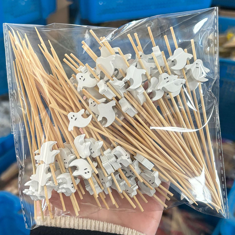 Halloween-fruchtspieße, 100 Stück/packung, Einweg, Kürbis- Und Geistermotiv, Cocktailspieße Aus Bambus (kleiner Geist, 12 Cm, 100 Stück/beutel).