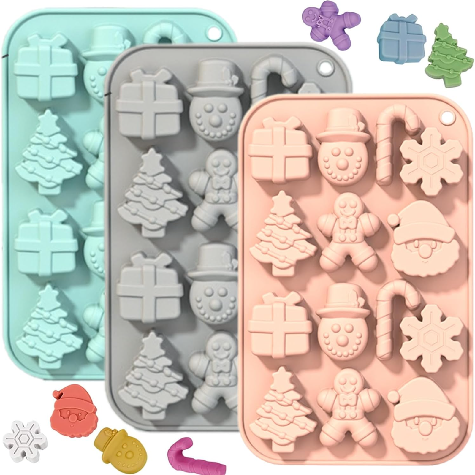 Weihnachtliche Silikon-modellierformen (baum, Schneemann, Weihnachtsmann, Süßigkeiten, Schokolade, Kuchen, Gelee, Seife) – 3er-set In Verschiedenen Farben