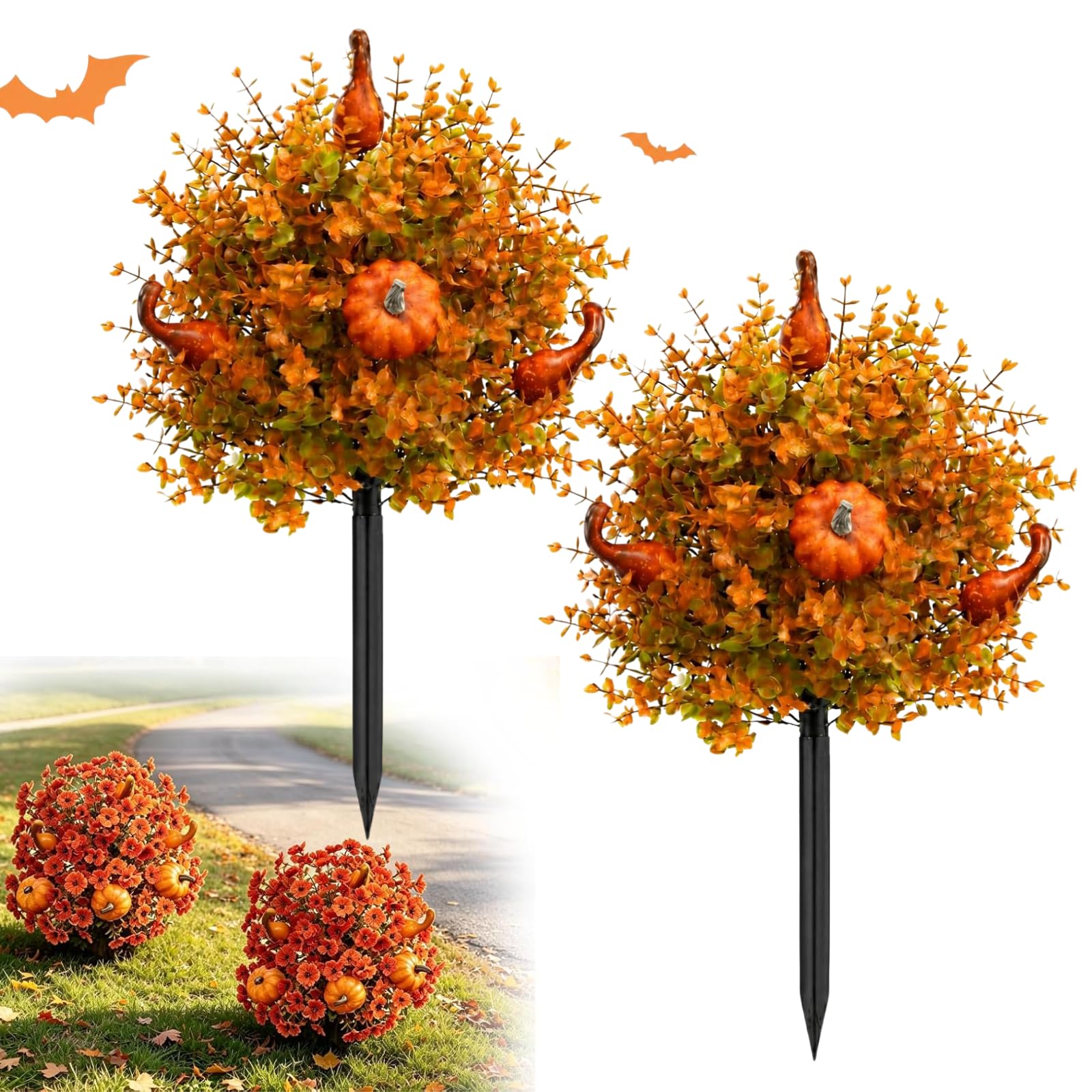 Künstliche Herbst-topiary In Form Eines Kürbisses Mit Orangefarbenen Eukalyptusblättern, Dekorativen Zierkürbissen Und Pfählen Zur Außenmontage