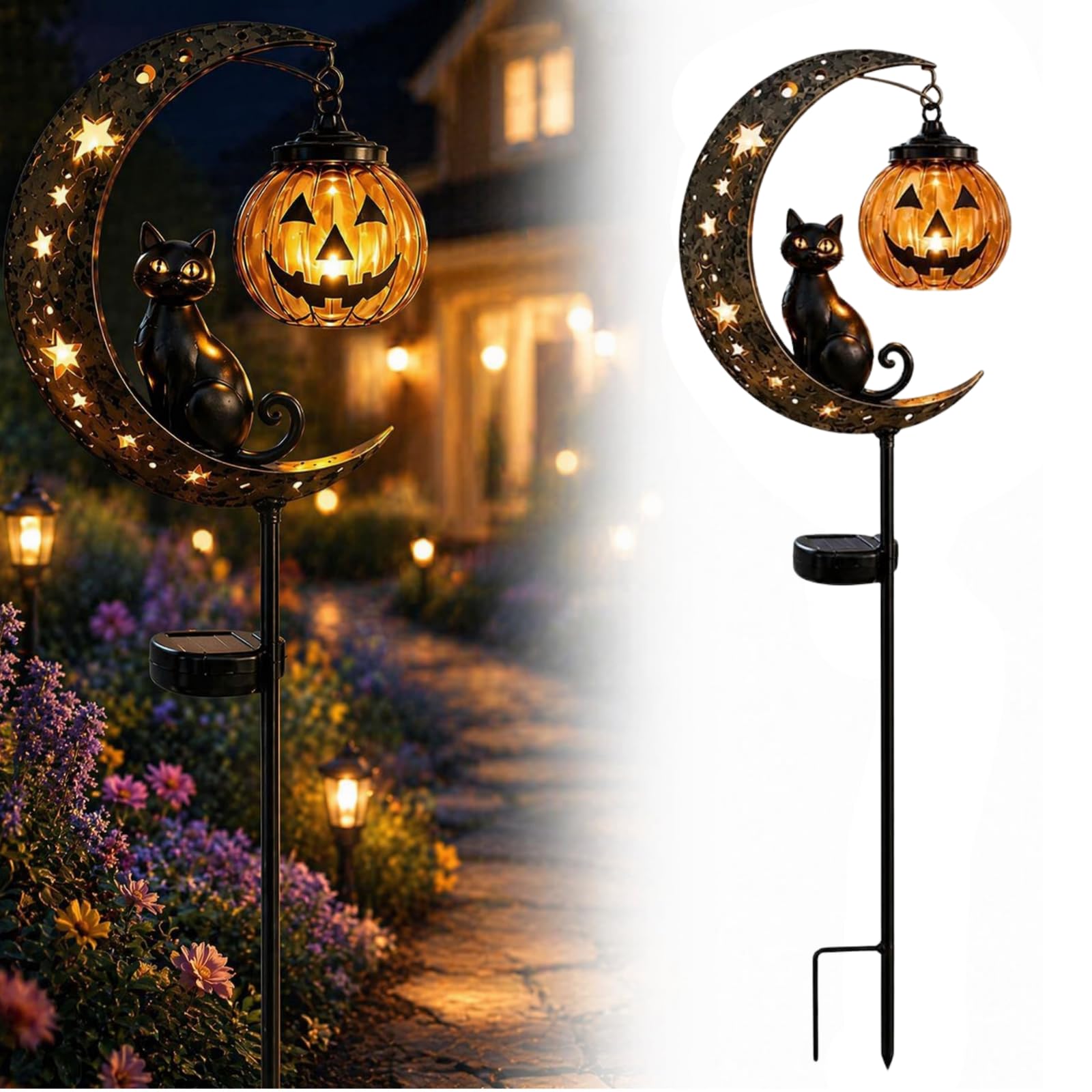 Solarbetriebene Halloween-dekoration: Schwarze Katze Auf Einer Mondsichel Mit Hängender Kürbislaterne. 2er-set. Wasserdicht. Ideal Zur Dekoration Von Garten Oder Einfahrt.