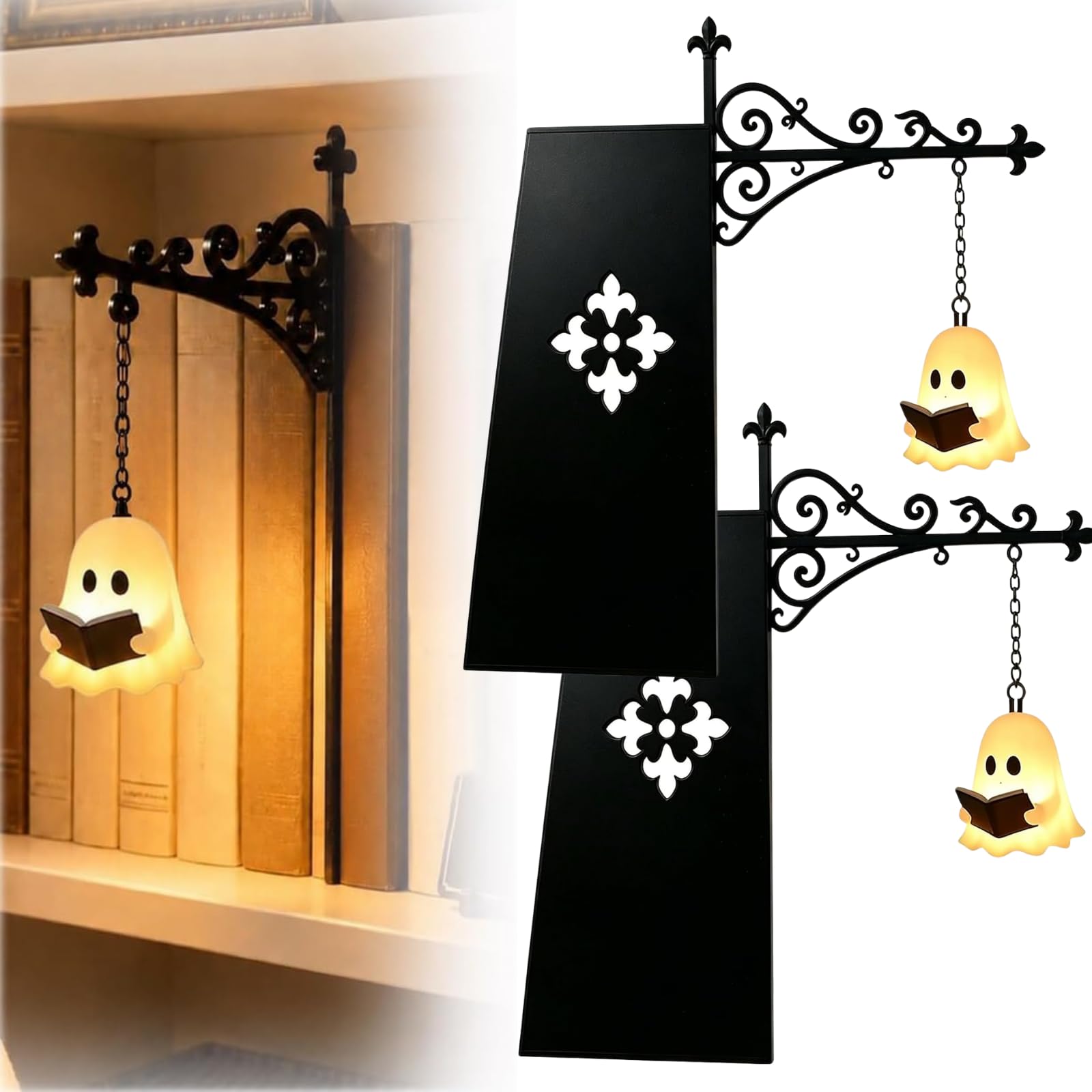 Buchpavillon Düsteres Nachtlicht - Retro-bibliothekslampe Mit Geistermotiv, Niedliche Kleine Led-geister-nachttischlampe, Gemütliche Schlafzimmer- Und Halloween-dekoration (2er-set)