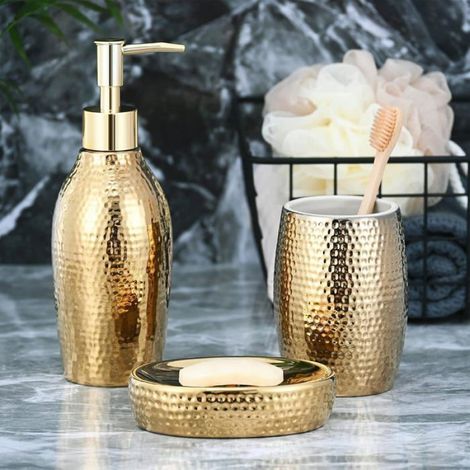 3-teiliges Badezimmer-accessoire-set – Gehämmertes Goldkeramik-design – Seifenspender Und Nachfüllkassette Für Sebumet