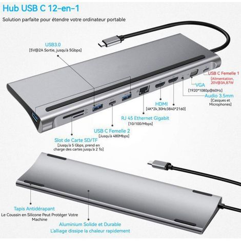 Usb-c-dockingstation – 12-in-1 – Schnellladefunktion – Elegantes Design – Aluminium