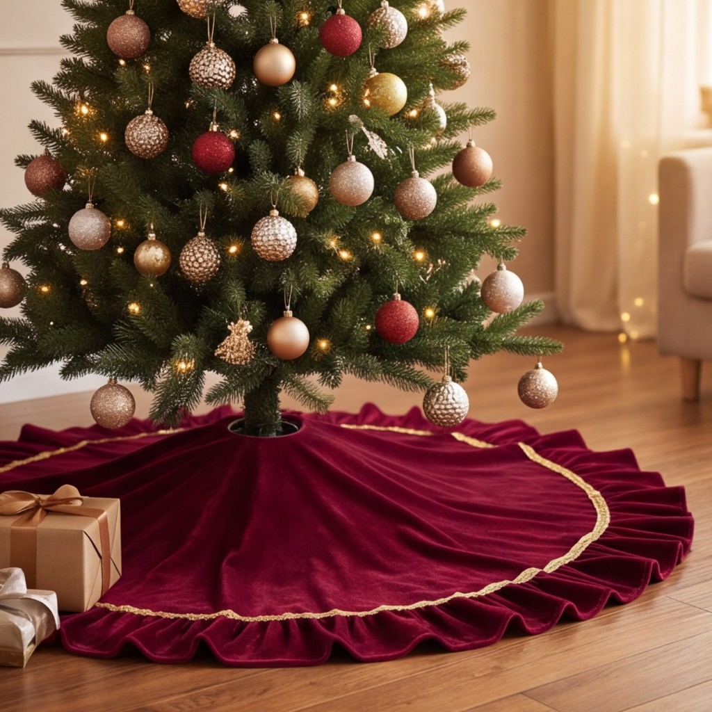 Luxuriöser Samt-weihnachtsbaumrock Mit Gewellter Spitzenborte Zur Dekoration Des Baumfußes In Der Weihnachtszeit. Ideal Für Festliche Dekoration Im Innenbereich (90 Cm).