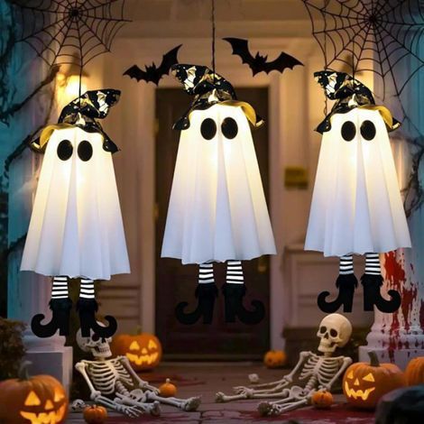 Halloween-dekoration, 2 Hängende Led-geister, Laternen Für Drinnen Und Draußen Mit Bunten Lichtern