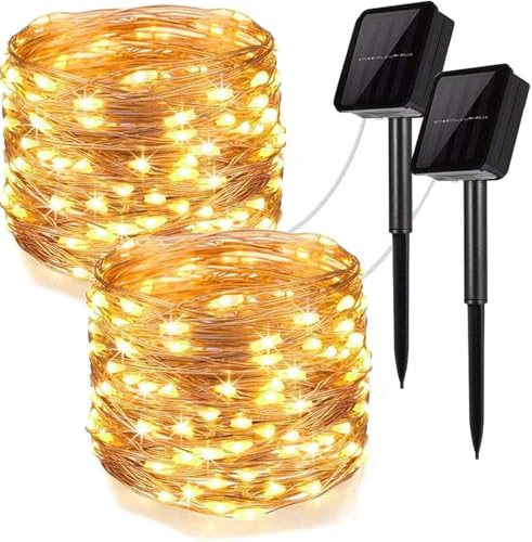 Solar-lichterkette: 12 M (39,4 Ft) – 100 Leds – Kupferdraht – 2er-pack – 8 Leuchtmodi – Wasserdicht – Ideal Für Die Dekoration Von Terrassen, Gärten, Hochzeiten Oder Partys – Warmweiß
