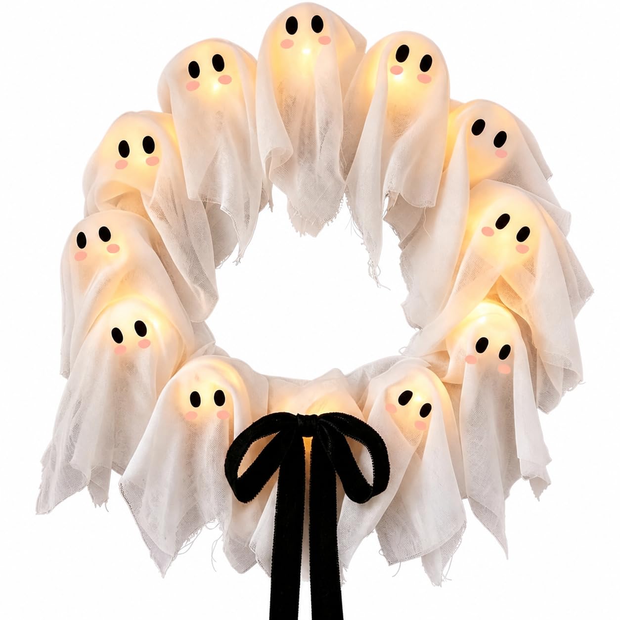 Beleuchteter Geister-halloween-kranz, Puderrosa Schleife – Mit Beleuchtung, 30 X 30 Cm