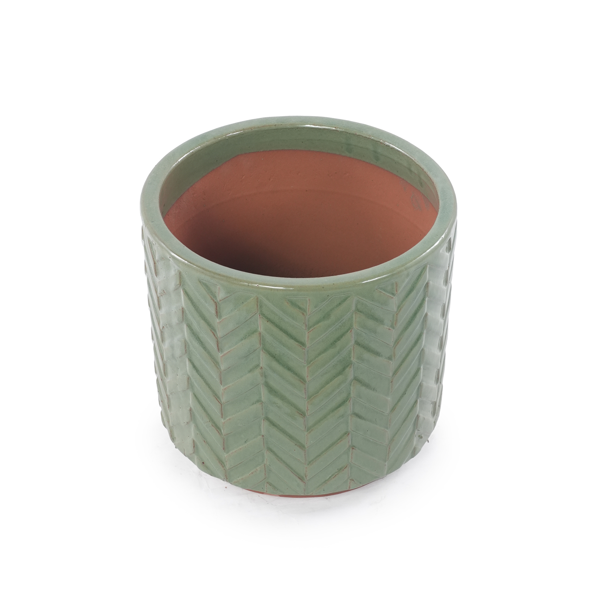 Keramik-blumentopf Ø38 Cm, Glänzend Salbeigrün, Chevron-relief, Frostbeständig Okmyhome