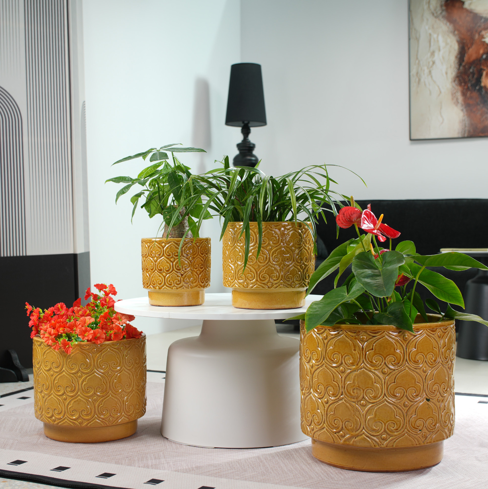 Set Aus 4 Gelben Keramik-blumentöpfen Ø38/31,5/24/19 Cm Okmyhome