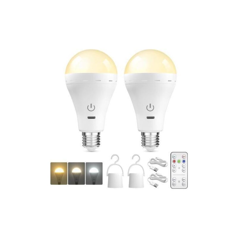 Bunthaus (2 Pack) Ampoule E27 Rechargeable Usb Avec Télécommande, Ampoule Led Batterie Rechargeable Dimmable 3 Températures De Couleur Avec Fonction De Timing