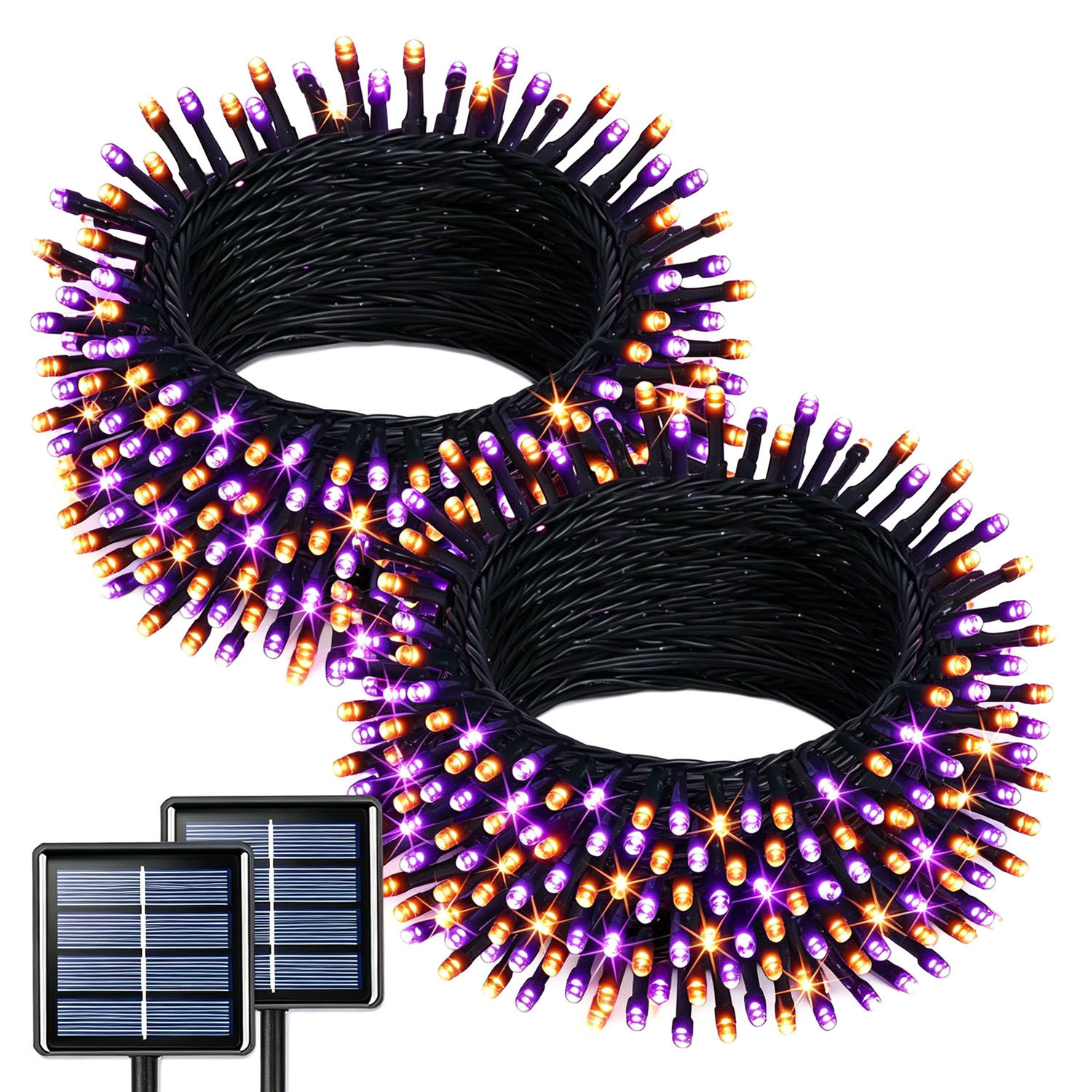 Set Aus 2 X 7 M (23 Fuß) Langen Solar-halloween-lichterketten Mit 50 Leds, 8 Beleuchtungsmodi, Wasserdicht, Lila Und Orange, Für Garten-, Einfahrts-, Zaun- Und Partydekorationen.