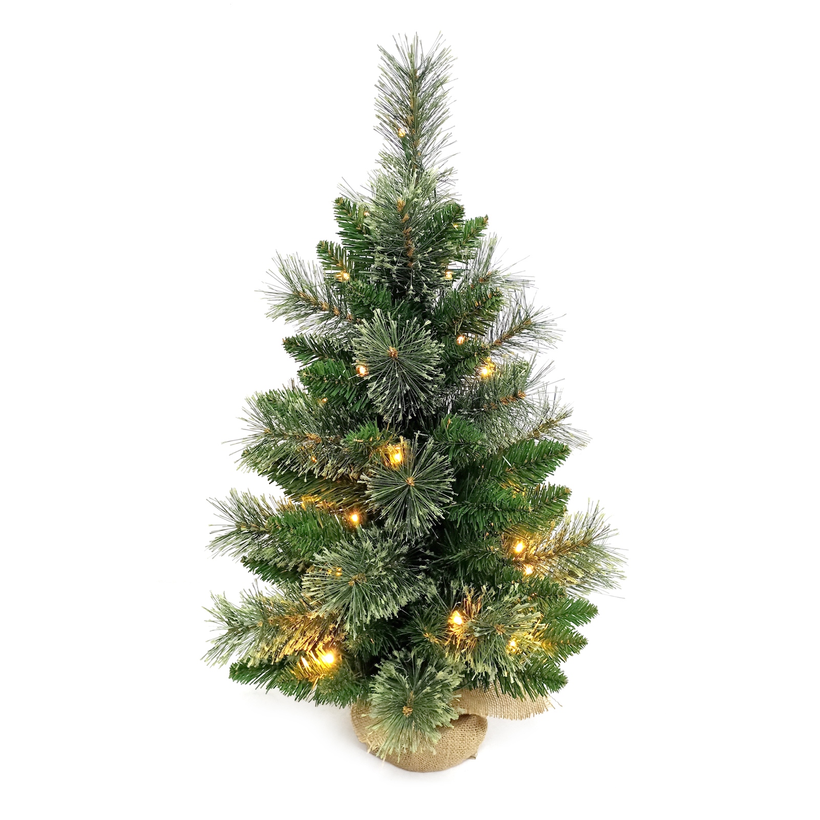 Kleiner, 60 Cm Hoher Weihnachtsbaum Mit Warmweißen Led-lichtern Und Einem Mit Jute Umwickelten Sockel, Geschmückt Mit Blühenden Tannennadeln. Tisch- Oder Schreibtischdekoration. Klassische Kollektion.
