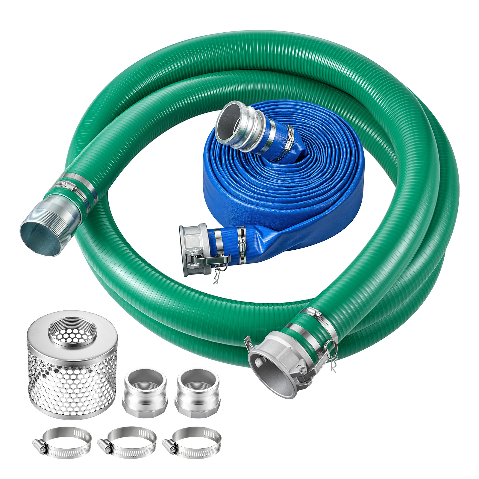 Vevor 19,8 M Blauer Rückspülschlauch Aus Pvc + 6,1 M Grüner Saugschlauch Ideal Für Poolentwässerung Und Bewässerung, 3 Zoll Npt, Mit Männlichen Und Weiblichen Steckverbindern Für Verschiedene Pumpen