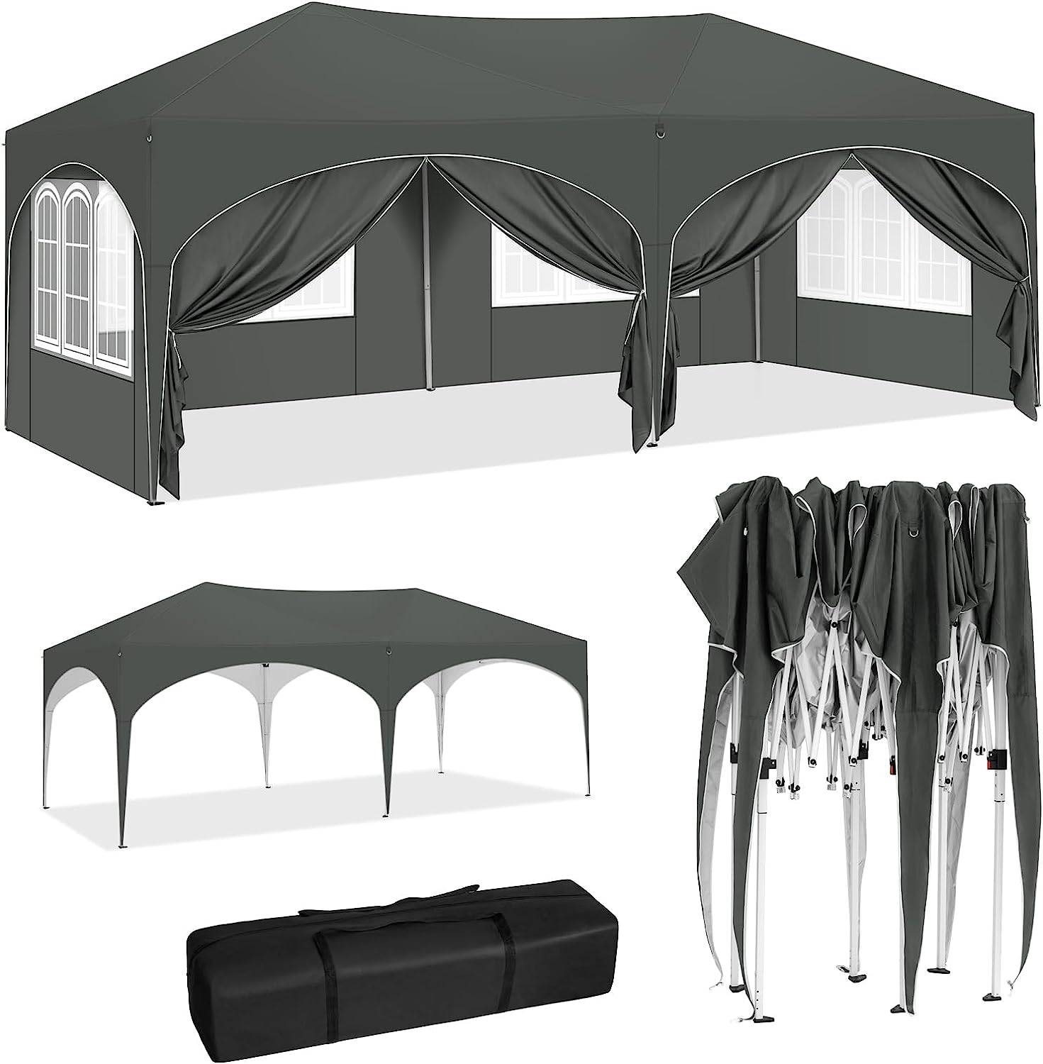 Elvmi Faltpavillon Mit 6 Abnehmbaren Seitenwänden, Wasserabweisendem Uv-schutz Dach, Grau, 3 X 6 M