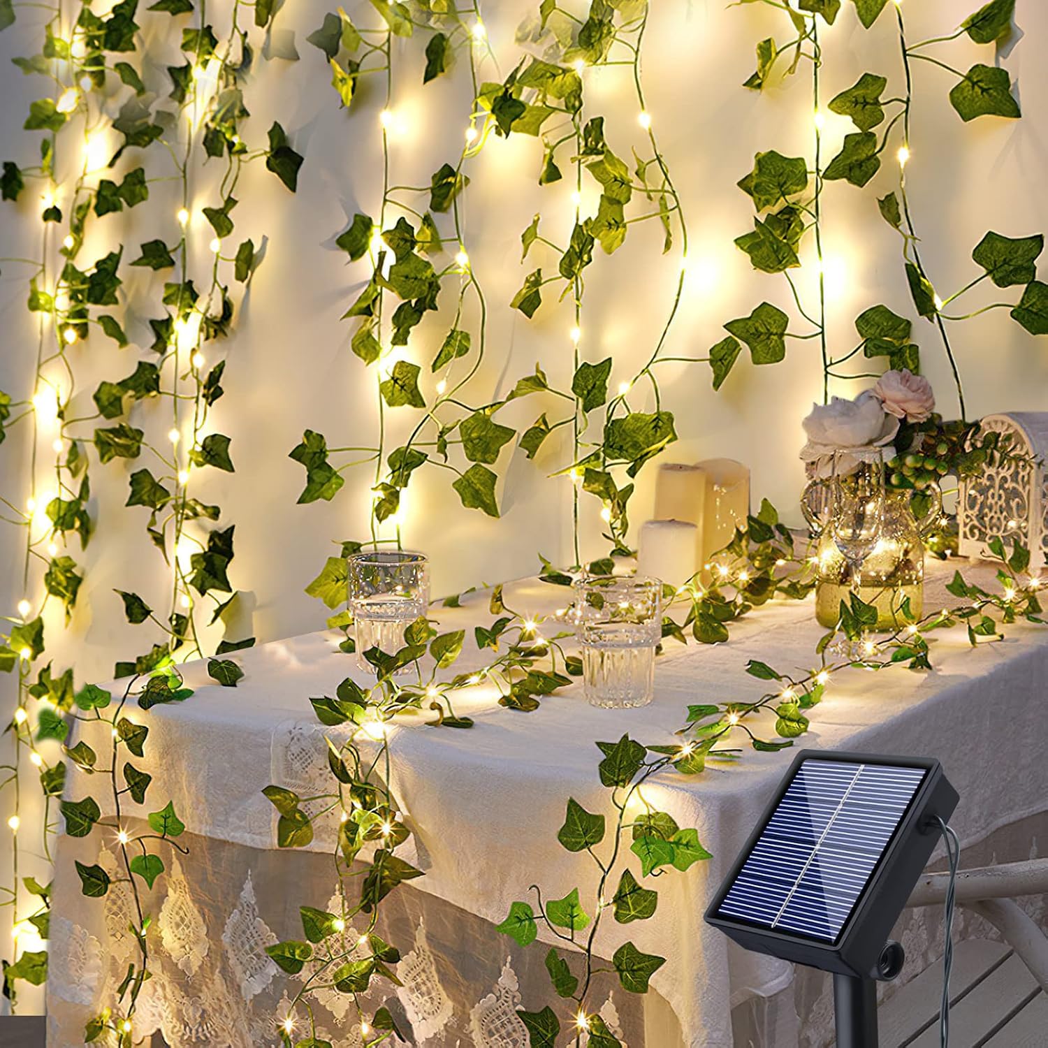 Solar-lichterkette Für Den Außenbereich, 100 Leds, 10 M Lange Künstliche Efeu-lichterkette, Wasserdicht, 8 Beleuchtungsmodi, Dekorative Beleuchtung Für Garten, Schlafzimmer, Balkon, Weihnachten, Hochz
