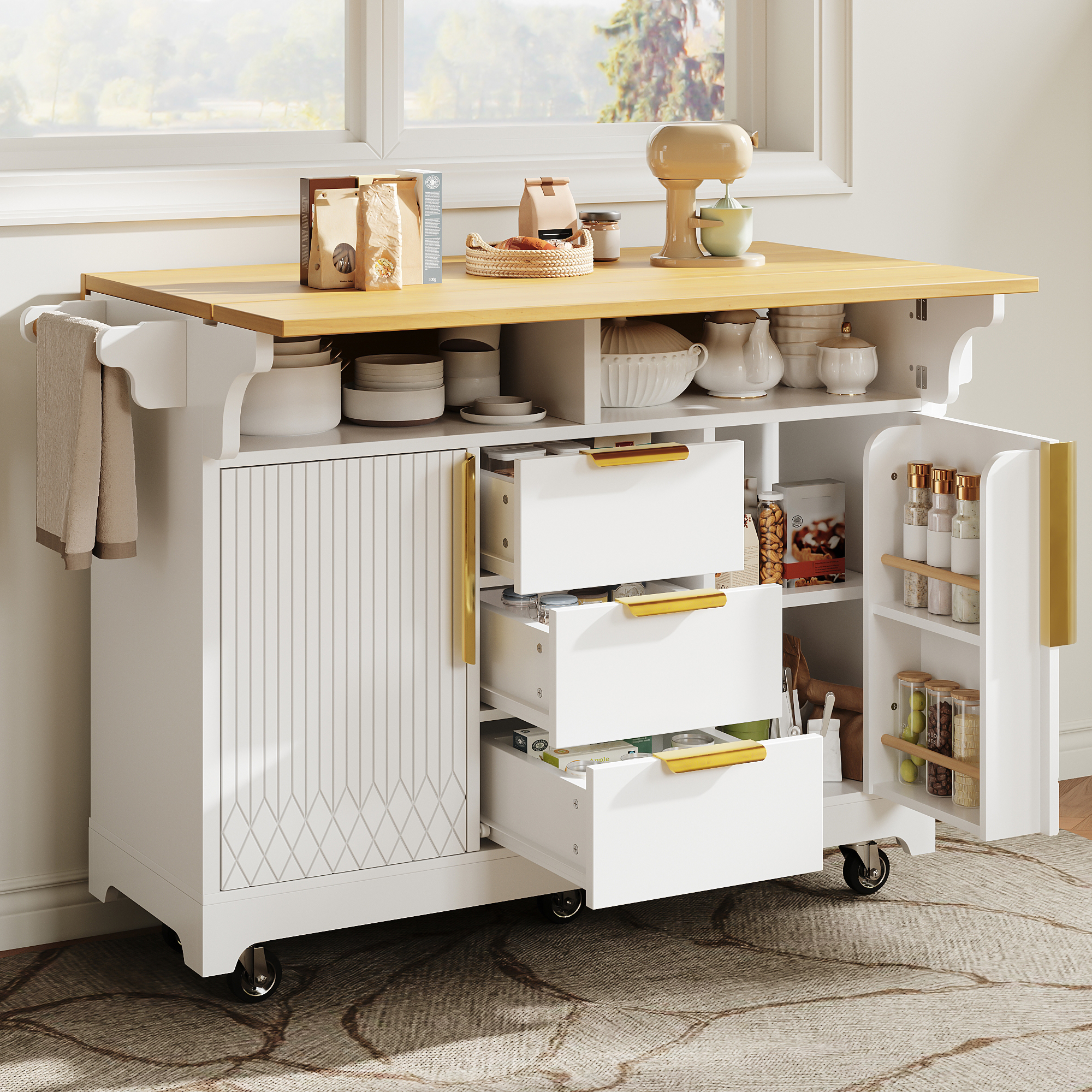 Mobile Kücheninsel Ausziehbar Mit Rollen 120–197 Cm, H. 95 Cm, Mdf Weiß Redom