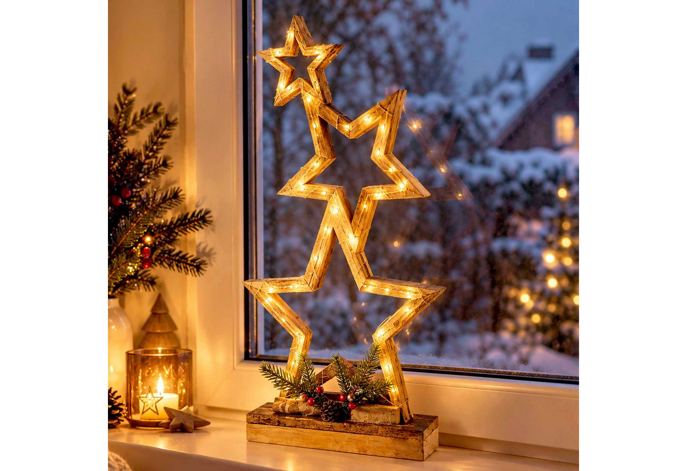 Led Weihnachts Sterne Aus Holz Batteriebetrieben Mit Timer - 52 X 30 Cm - Deko Stern Aufsteller Mit 35 Leds In Warm Weiß Beleuchtet Bild 2