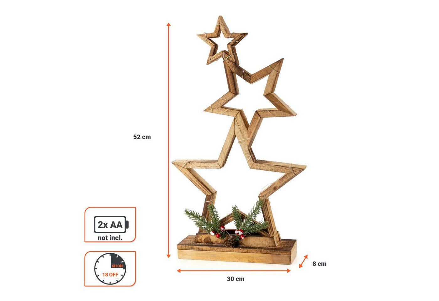 Led Weihnachts Sterne Aus Holz Batteriebetrieben Mit Timer - 52 X 30 Cm - Deko Stern Aufsteller Mit 35 Leds In Warm Weiß Beleuchtet Bild 5