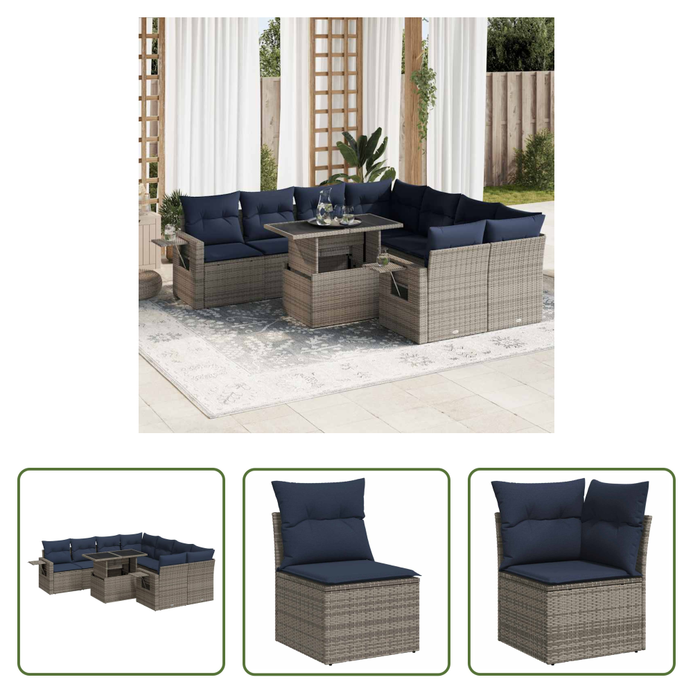 Vidaxl Rattan - 9-tlg. Garten-sofagarnitur Mit Kissen Grau Poly Rattan