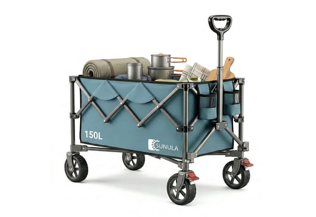 Bollerwagen Faltbar Handwagen 120kg Tragkraft, 150l, Mit Ein-klick-handgriff & Geländegängigen Rädern, Blau - Sunula