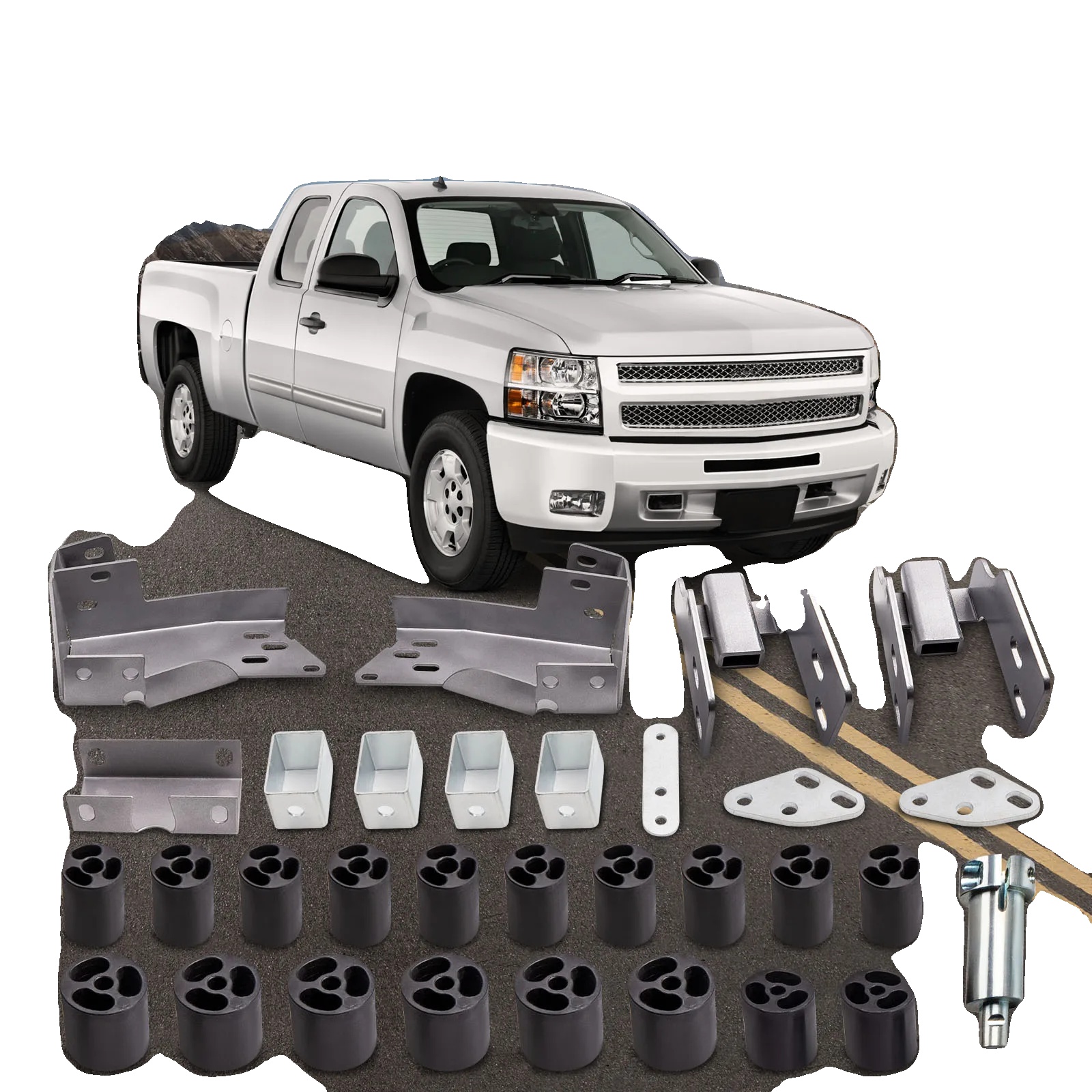 Body Lift Kit, 3 Zoll Hebehöhe, Stahlmaterial, Kompatibilität Mit Silverado Und Sierra 1500, Einfache Bolt-on Installation, Installationszeit Von 8