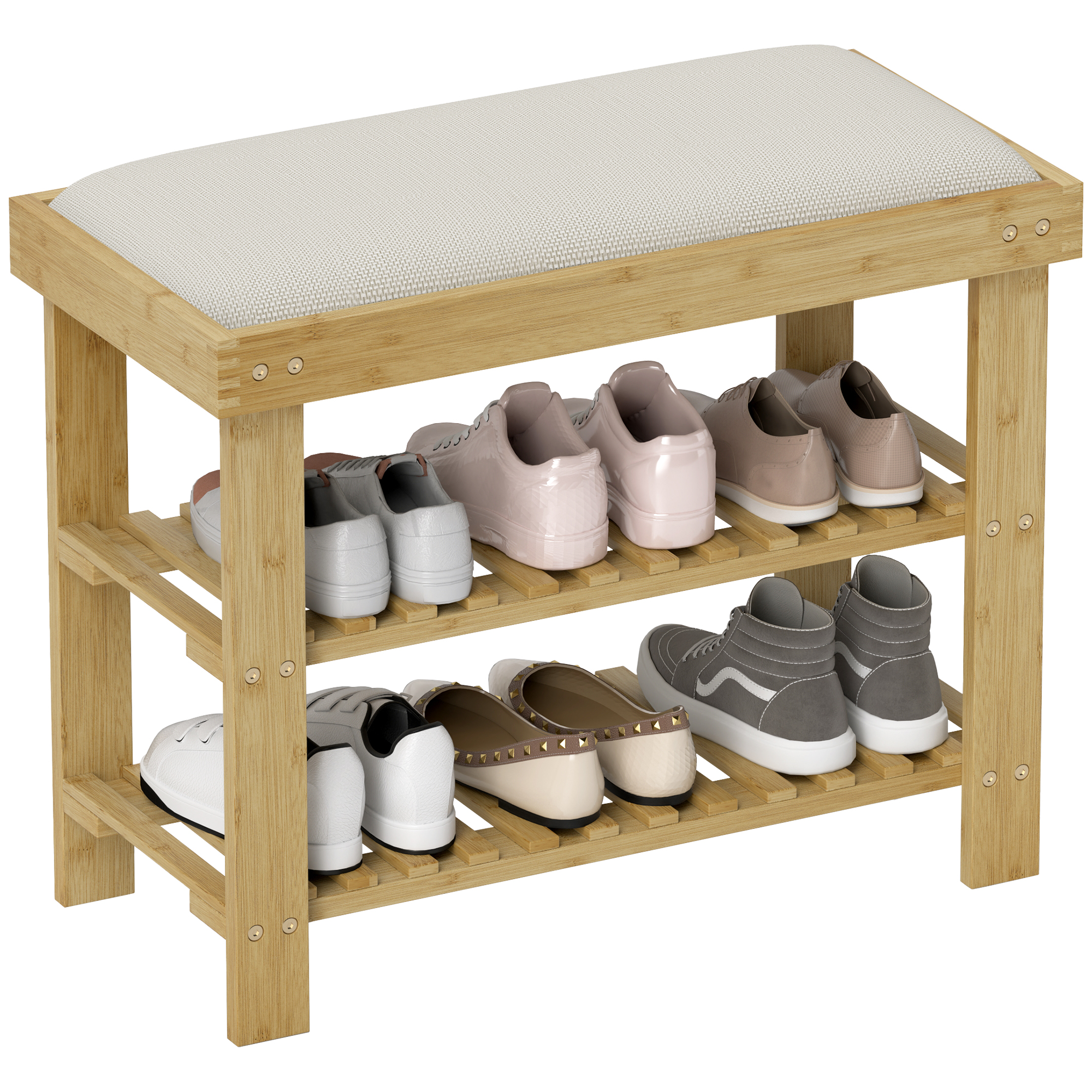 Schuhbank Aus Bambus, 3 Ebenen, Skandinavischer Stil, 60 X 29 X 49 Cm, Cremefarben