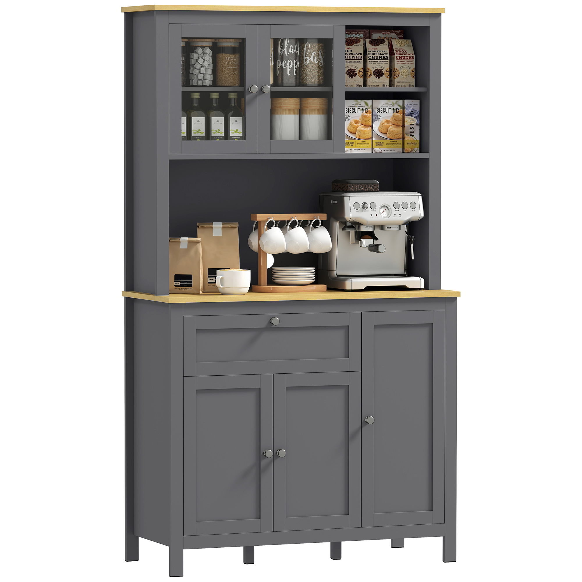 Küchenschrank, 5 Türen, Davon 2 Mit Glas, 100 X 40 X 180 Cm, Grau