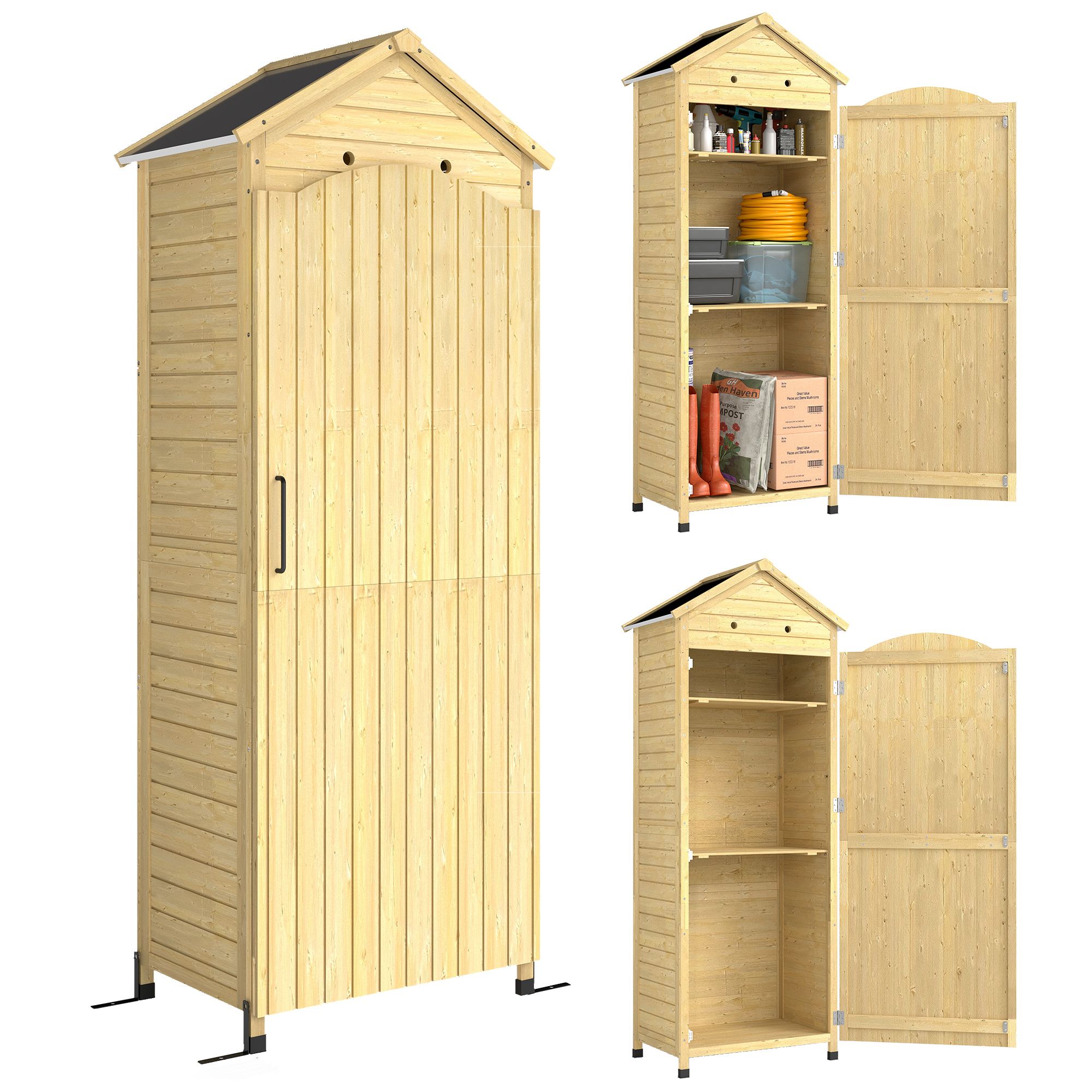 Gartenschrank, Geräteschuppen Mit Zwei Türen, 85 X 58 X 213 Cm, Natur