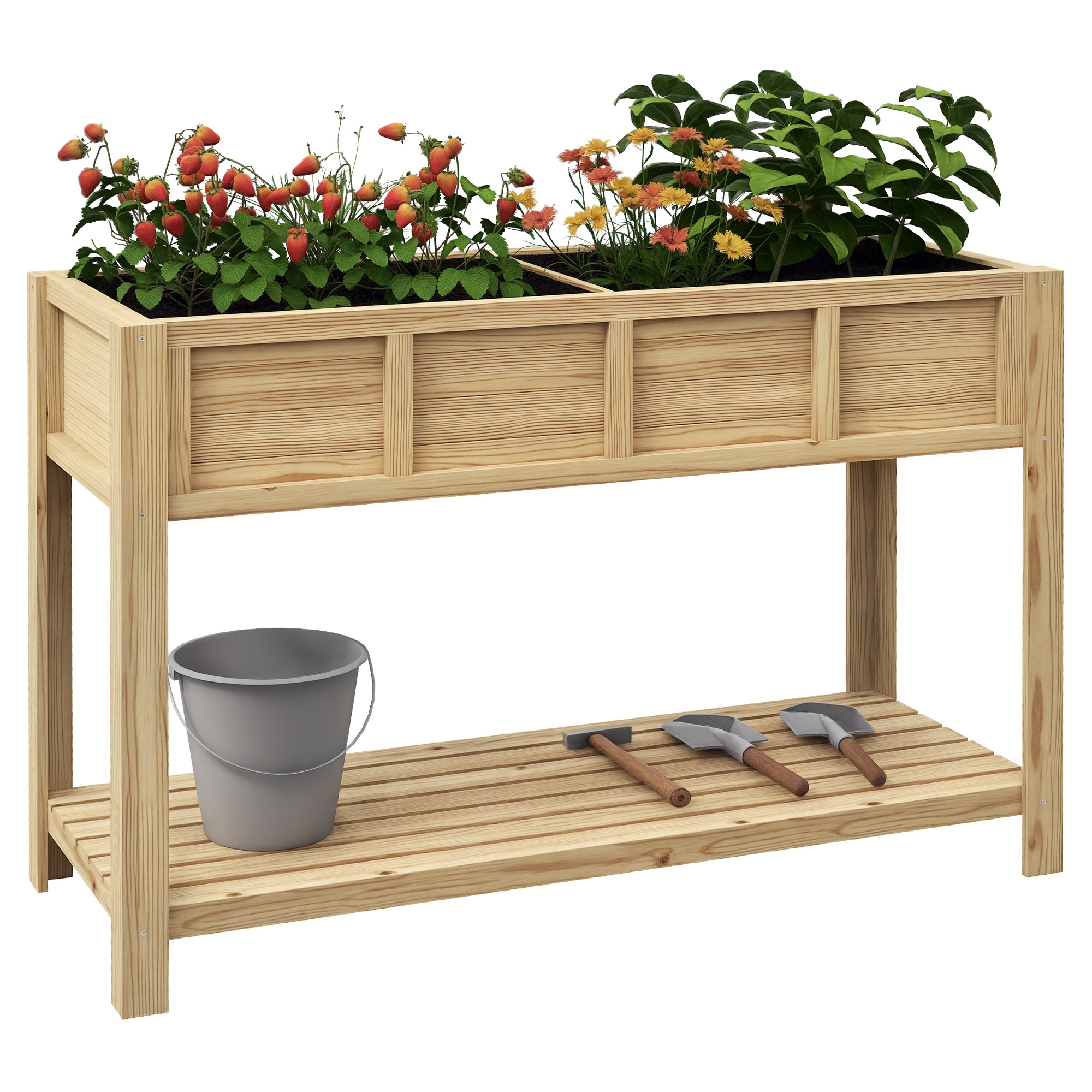 Hochbeet Mit Füßen, Mit Regal Und Trennwand, 115 X 46 X 75 Cm, Natur