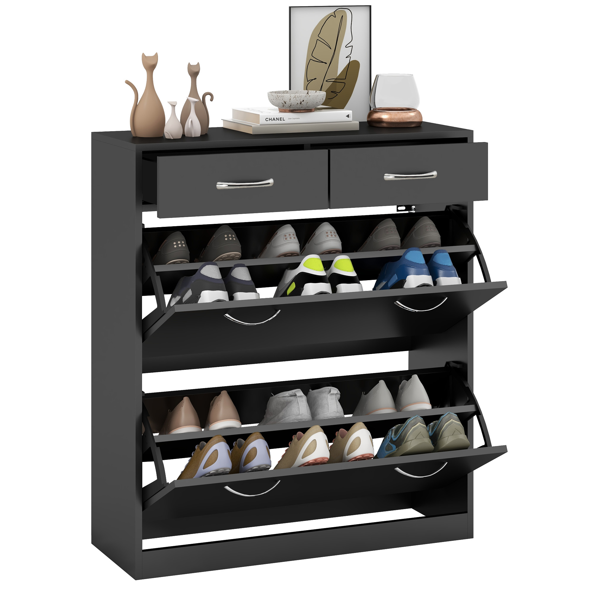 Schuhschrank, 2 Schubladen, 2 Klapptüren, Verstellbares Regal, 80 X 30 X 91,5 Cm, Schwarz