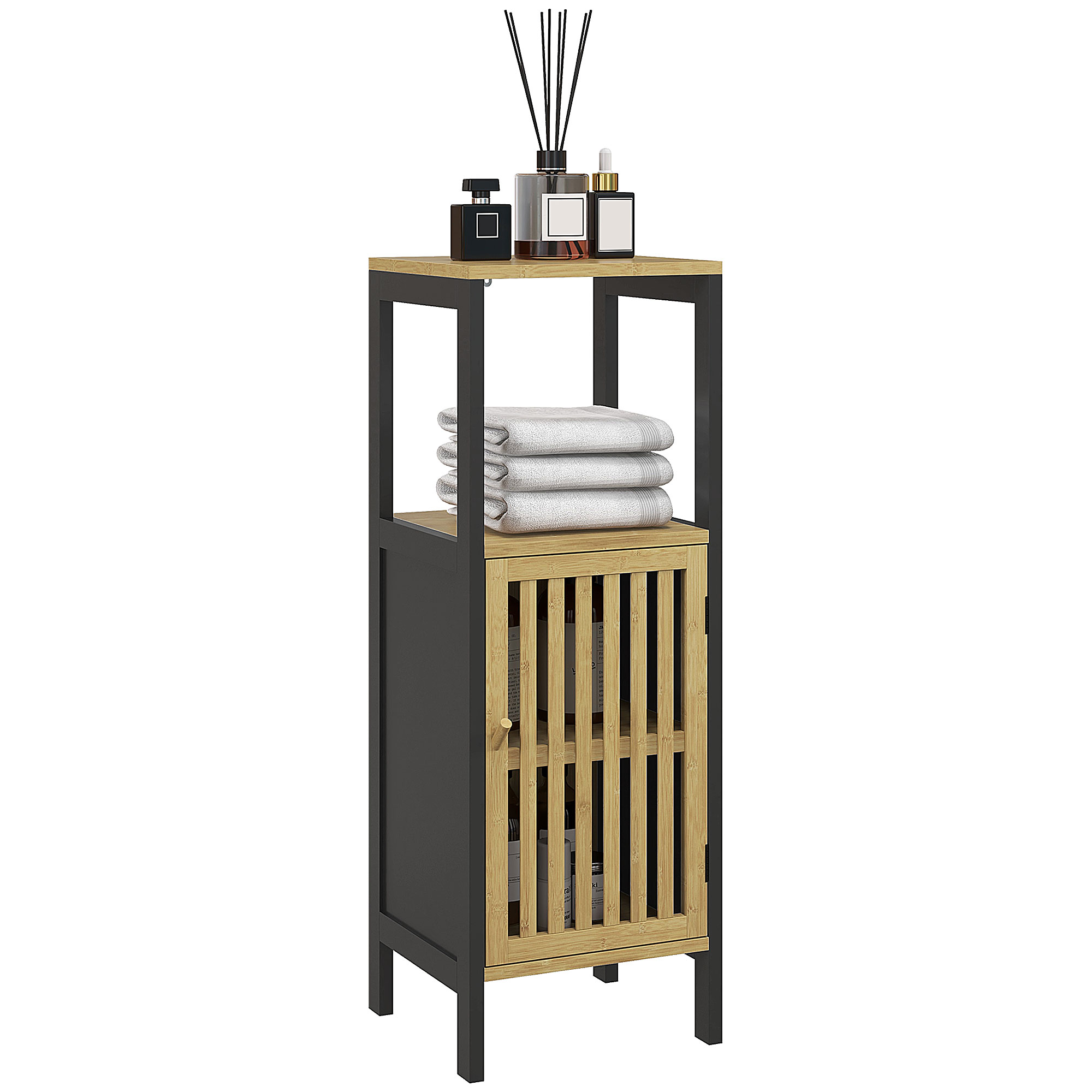 Badezimmer-unterschrank, Aus Bambus, 1 Tür, Offenes Fach, 32 X 30 X 90,5 Cm, Schwarz