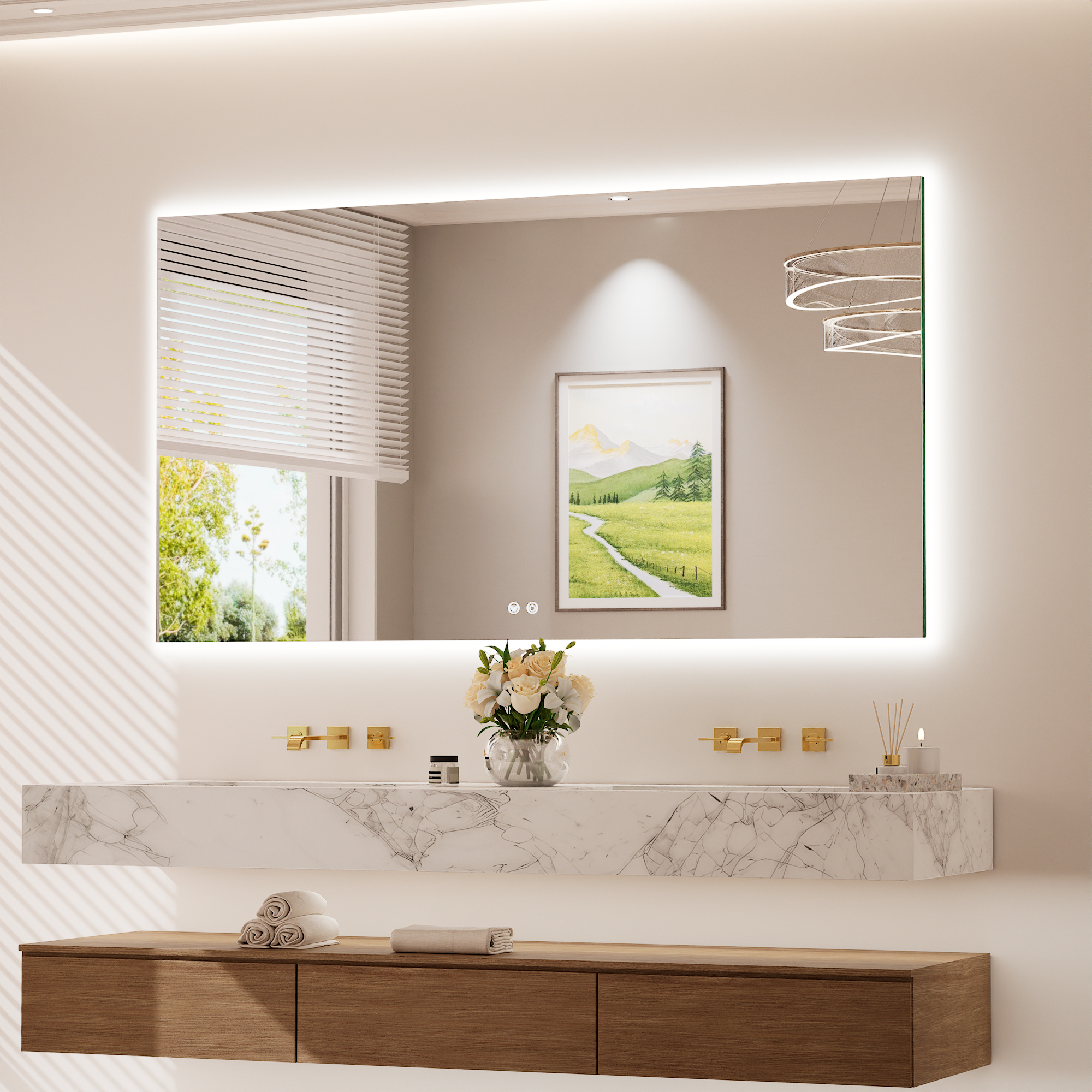 Keonjinn Badspiegel Mit Beleuchtung 150x80cm, Led-badspiegel Mit Licht Kalt/neutral/warmweiß Dimmbar, Touch-schalter, Antibeschlag, Memory-funktion, Hd-gehärtetes Glas, Ip44