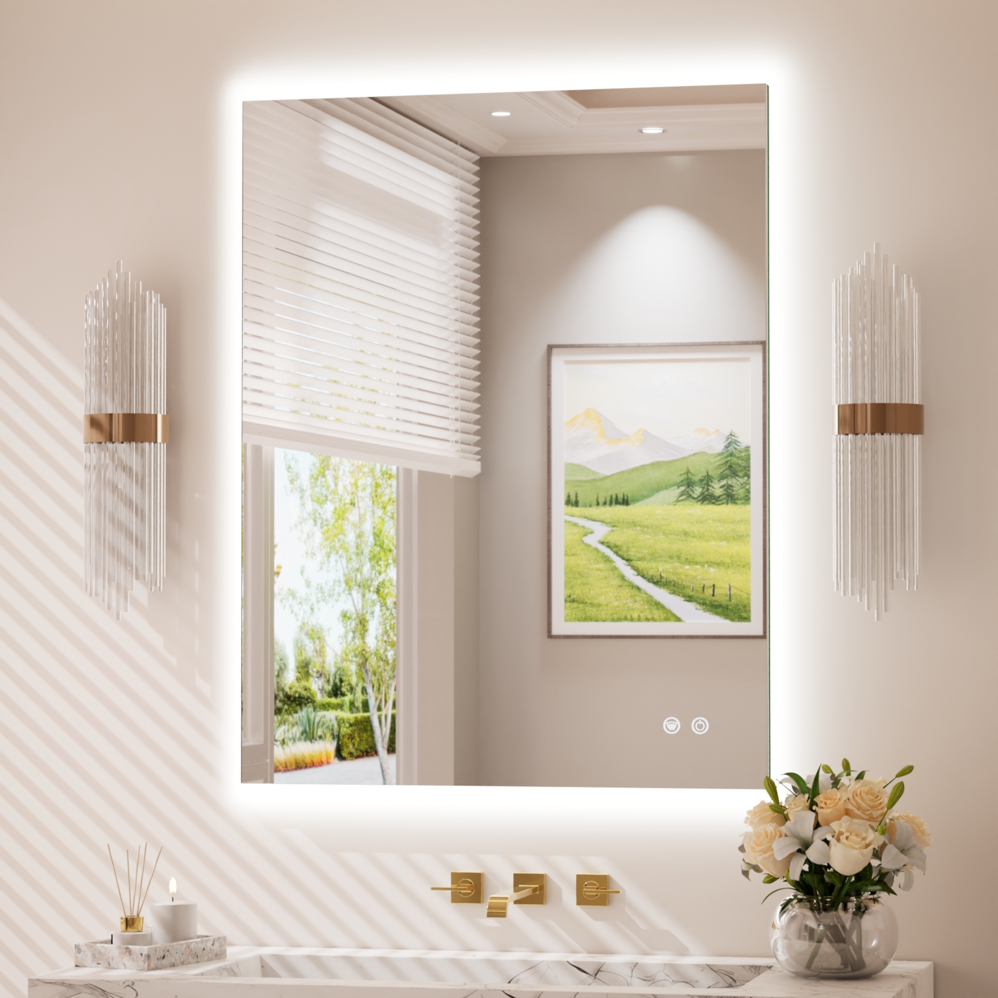 Keonjinn Badspiegel Mit Beleuchtung 70x90cm, Led-badspiegel Mit Licht Kalt/neutral/warmweiß Dimmbar, Touch-schalter, Antibeschlag, Memory-funktion, Hd-gehärtetes Glas, Ip44