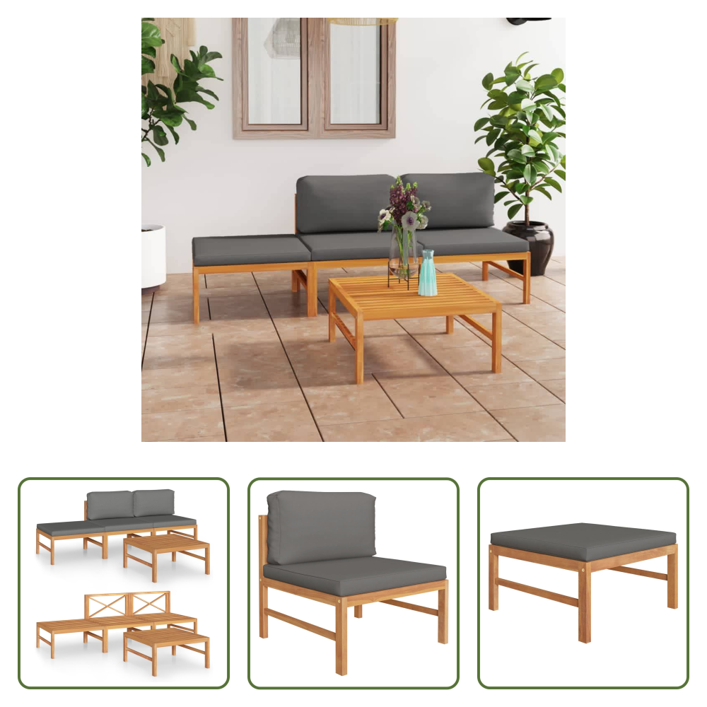 Vidaxl Holzsofa - 4-tlg. Garten-lounge-set Mit Grauen Kissen Massivholz Teak