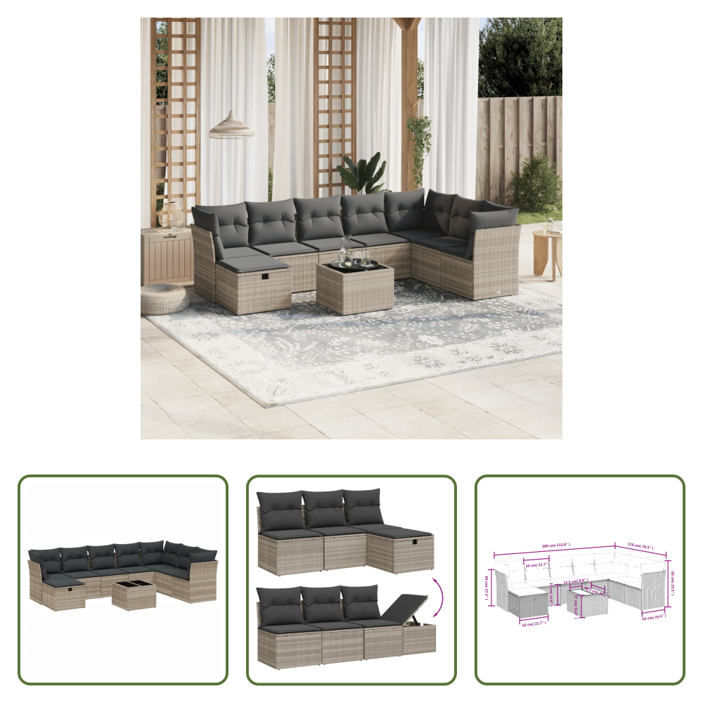 Vidaxl Rattanmöbel - 9-tlg. Garten-sofagarnitur Mit Kissen Hellgrau Poly Rattan