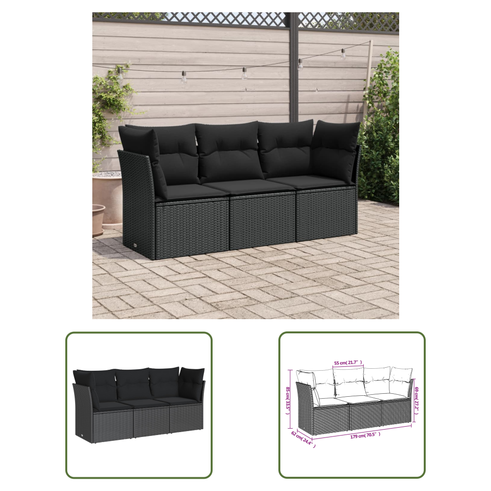 The Living Store 3-tlg. Garten-sofagarnitur Mit Kissen Schwarz Poly Rattan - Gartenmöbel - Outdoor Möbel - Rattan Sofa - Lounge Set - Gartengestelle