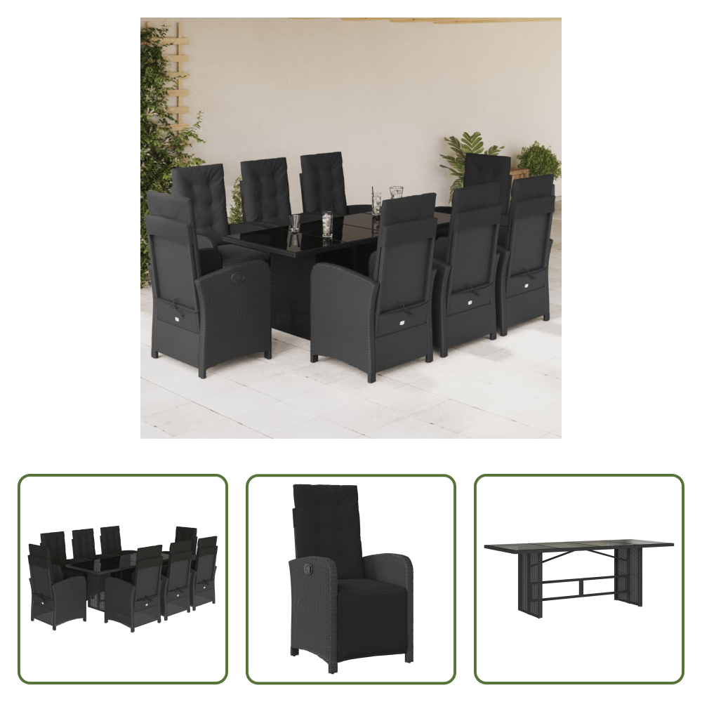 Vidaxl Gartenessgruppe - 9-tlg. Garten-essgruppe Mit Kissen Schwarz Poly Rattan