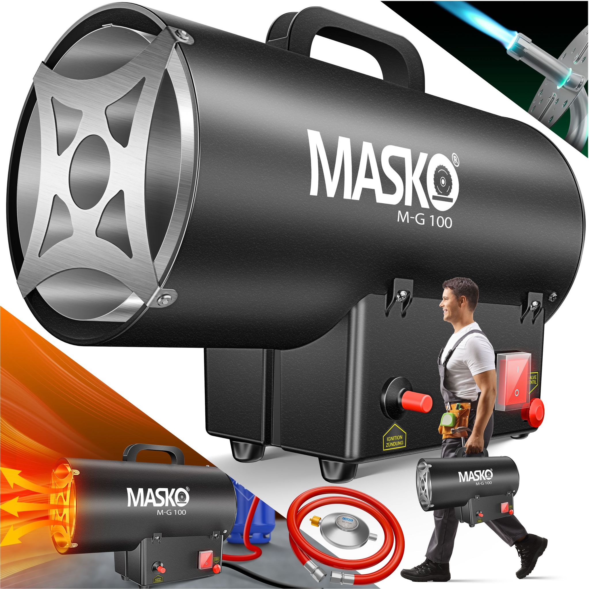 Masko® Gasheizgebläse Mit Schlauch Und Druckminderer - 10 Kw, Schwarz