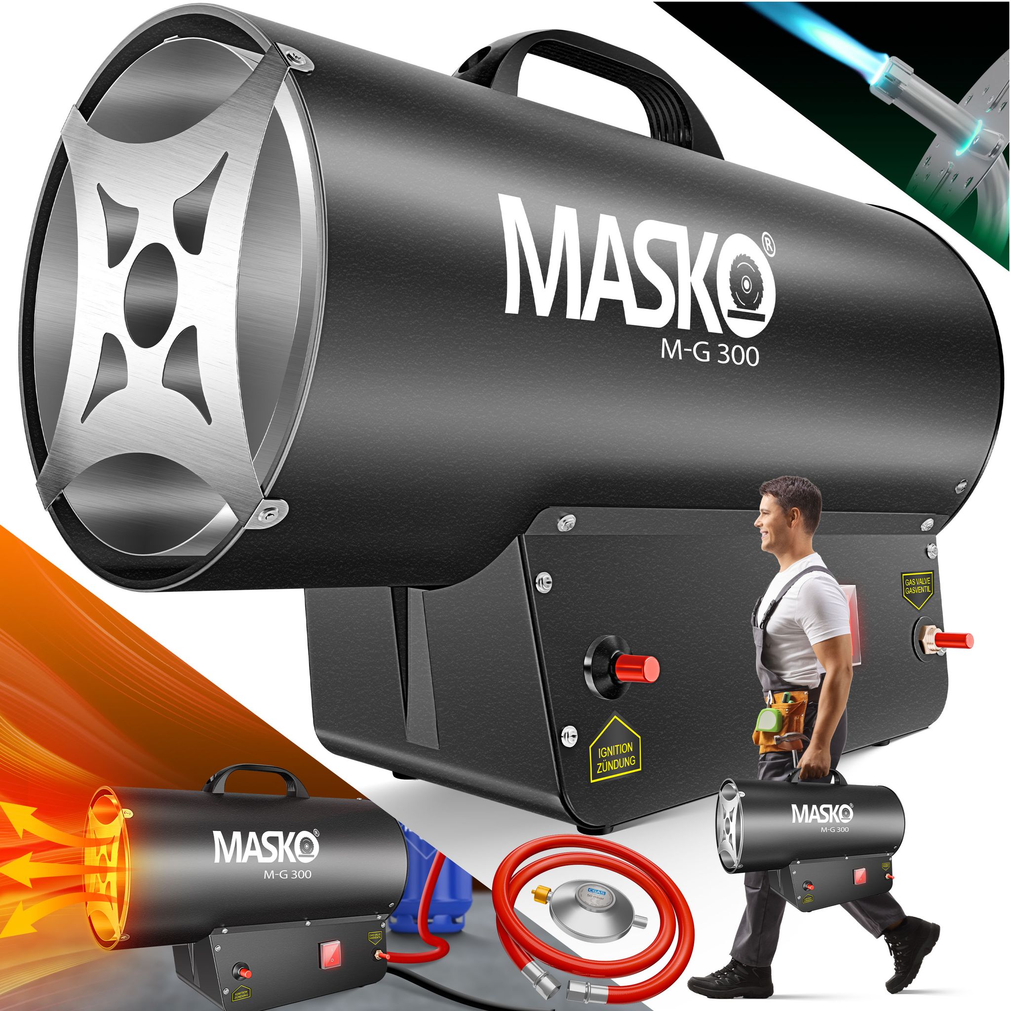 Masko® Gasheizgebläse Mit Schlauch Und Druckminderer - 30 Kw, Schwarz