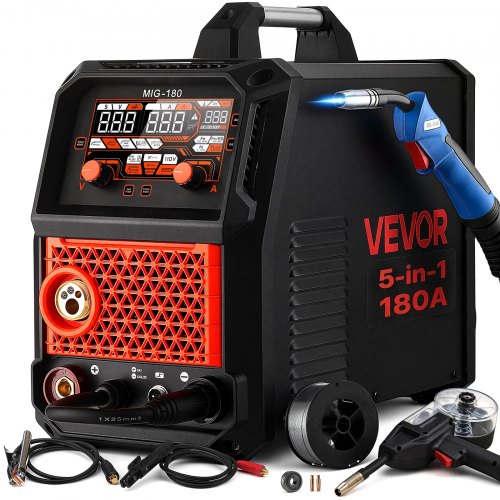 VEVOR 150A MIG-Schweißgerät 5-in-1 Alu-MIG/MIG-Gas/Fülldraht/MMA/Lift TIG, Tragbare Schweißmaschine für Werkstatt Garage & Heimwerker, IGBT-Inverter, Synergiesteuerung, 2T/4T/Spot-Modi, Digitalanzeige