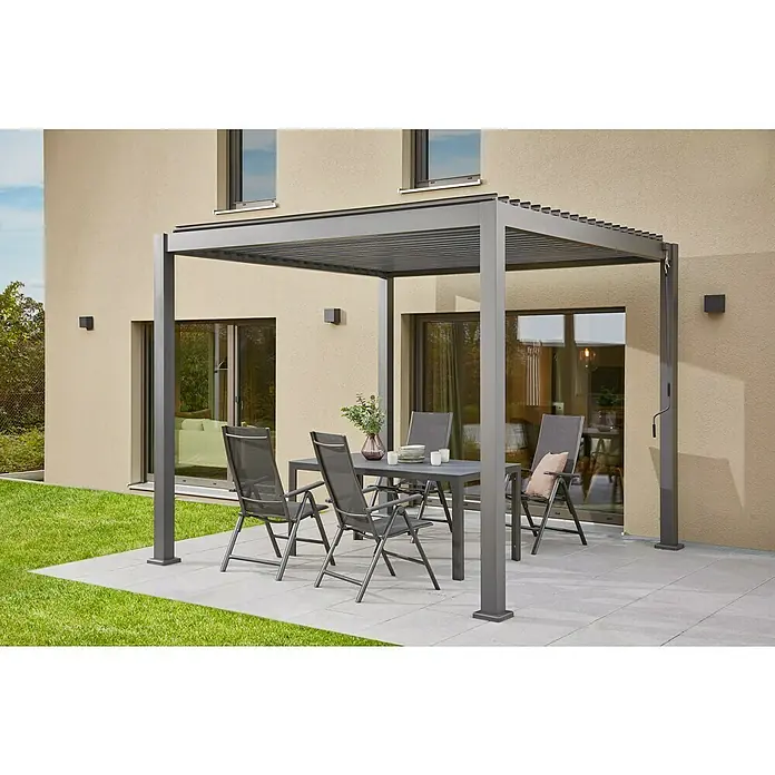 Sunfun Maja Slim Gartenmöbel-Set (6 -tlg., Glas/Aluminium/Textilen, mit Pavillon Milos, Anthrazit)