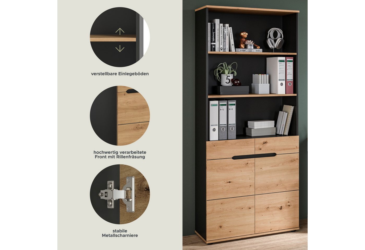 Home affaire Aktenschrank REHAT, Büroschrank (bietet viel Stauraum für ca. 35 Aktenordner) 5 Fächer, 3 feste & 1 variabler Boden, Höhe: 190cm, Breite: 80cm Bild 4