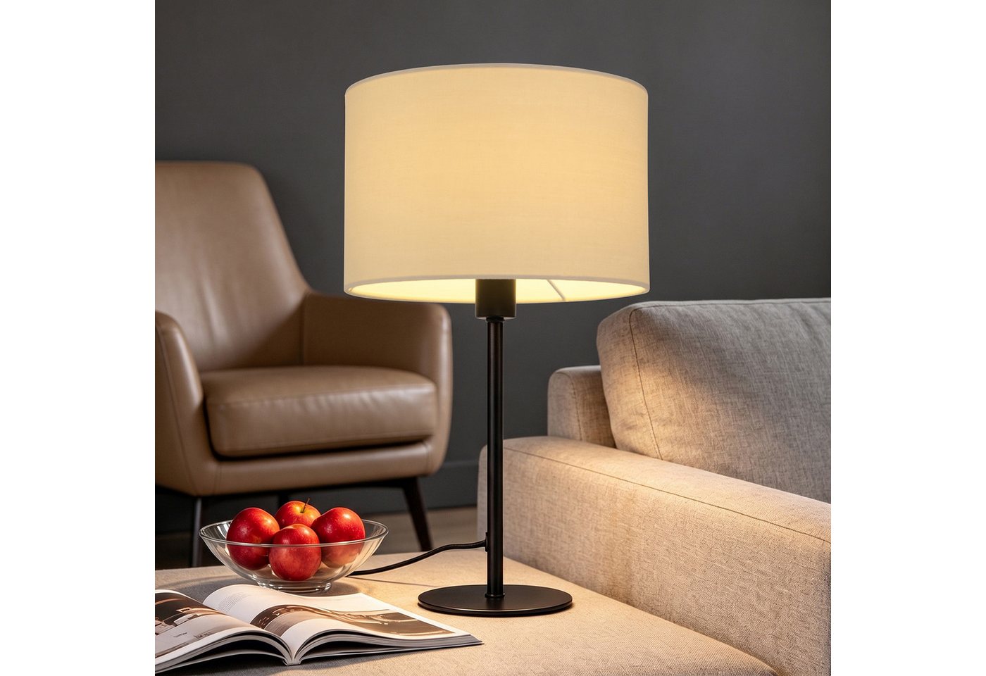 OTTO home Tischleuchte Avveline - Textilschirm Tischlampe, Ein-/Ausschalter, ohne Leuchtmittel, Tischlampe mit Stoffschirm, Höhe 36 cm, Ø 23 cm, Fassung E14
