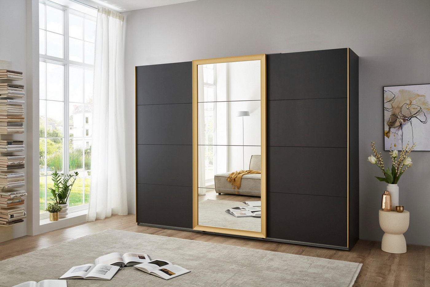 Wimex Schwebetürenschrank Katar, Kleiderschrank erhältlich in den Breiten 225cm und 270cm inkl. Spiegel, Akzente in Gold Bild 2