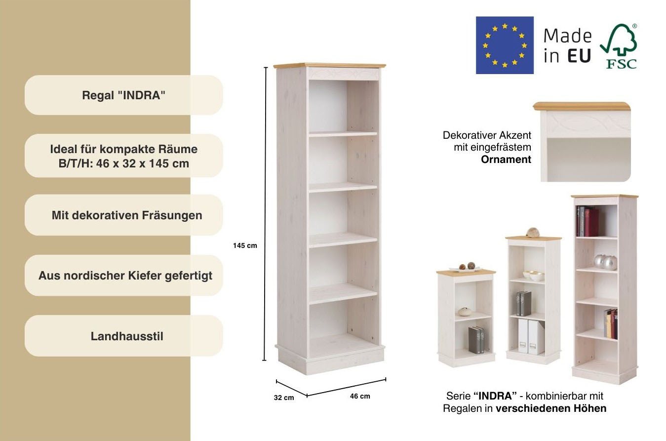 OTTO home Standregal Indra Bücherregal mit 5 Fächern und einer dekorativen Fräsung, aus Massivholz, 4 Einlegeböden, dekorative Fräsung Bild 4