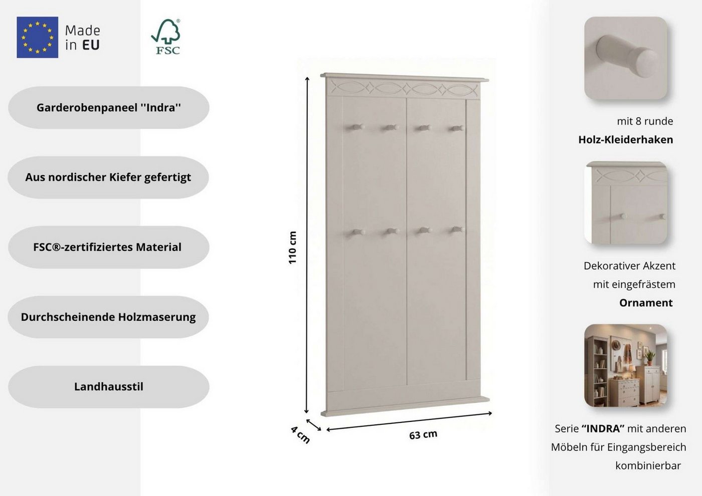 OTTO home Garderobenpaneel Indra Wandgarderobe mit 8 Haken und dekorativer Fräsung (B/T/H: 63/6/100 cm), aus massiver Kiefer, 8 Haken mit einer natürliche Maserung Bild 2