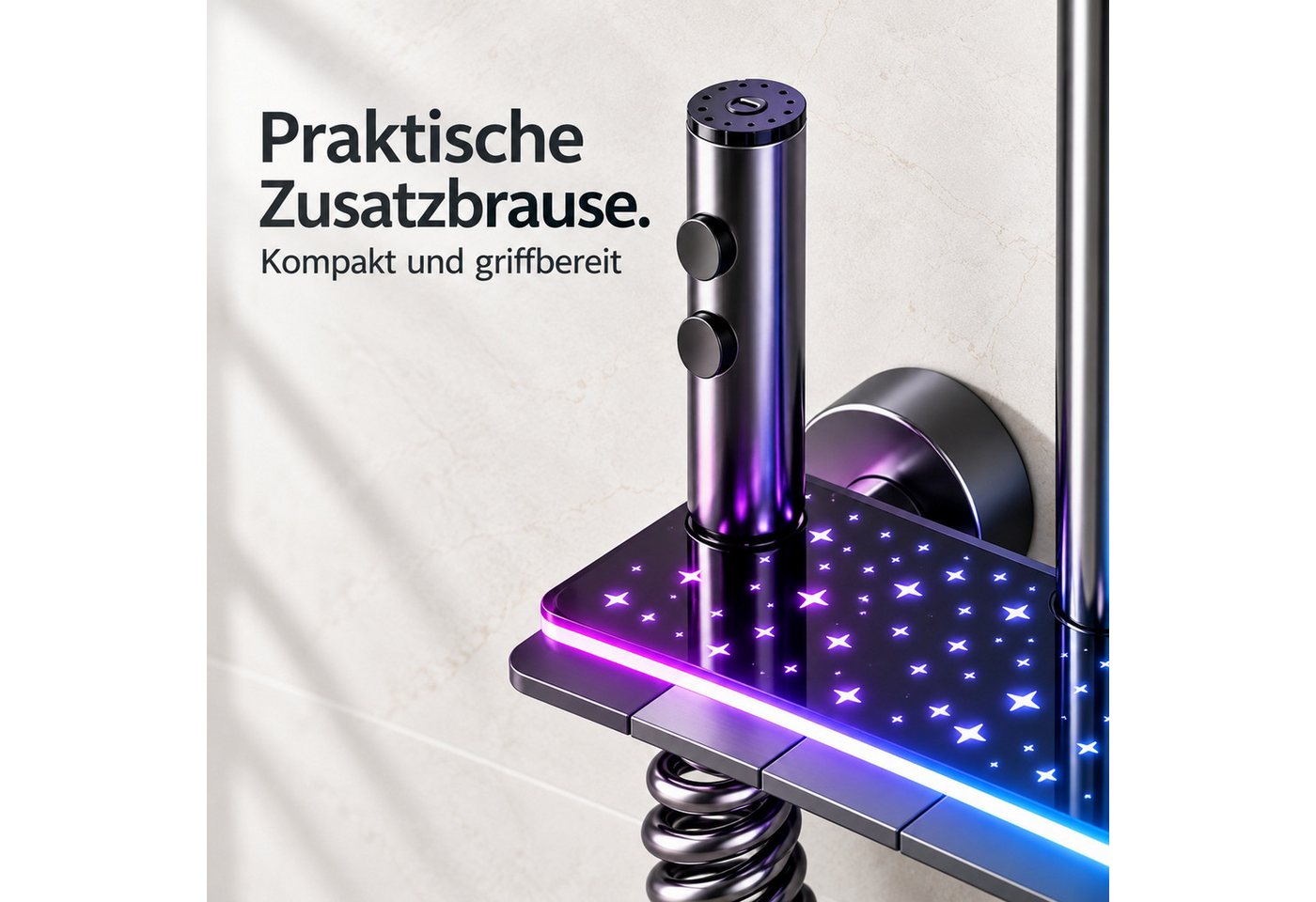 LuxaSteel Duschsystem Duscharmatur mit Regendusche, LED, Temperatur- und Duschzeitanzeige, 5 Strahlart(en), Komplett-Set, Direkt einsatzbereit, betrieben durch internes Wasserkraftwerk, keine externe Stromquelle