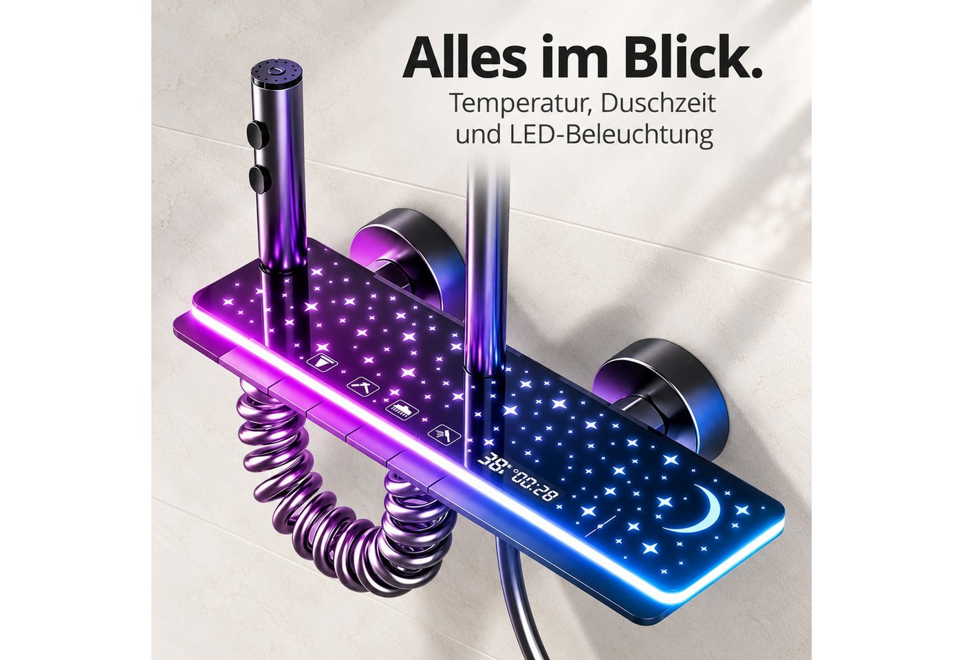 LuxaSteel Duschsystem Duscharmatur mit Regendusche, LED, Temperatur- und Duschzeitanzeige, 5 Strahlart(en), Komplett-Set, Direkt einsatzbereit, betrieben durch internes Wasserkraftwerk, keine externe Stromquelle Bild 2