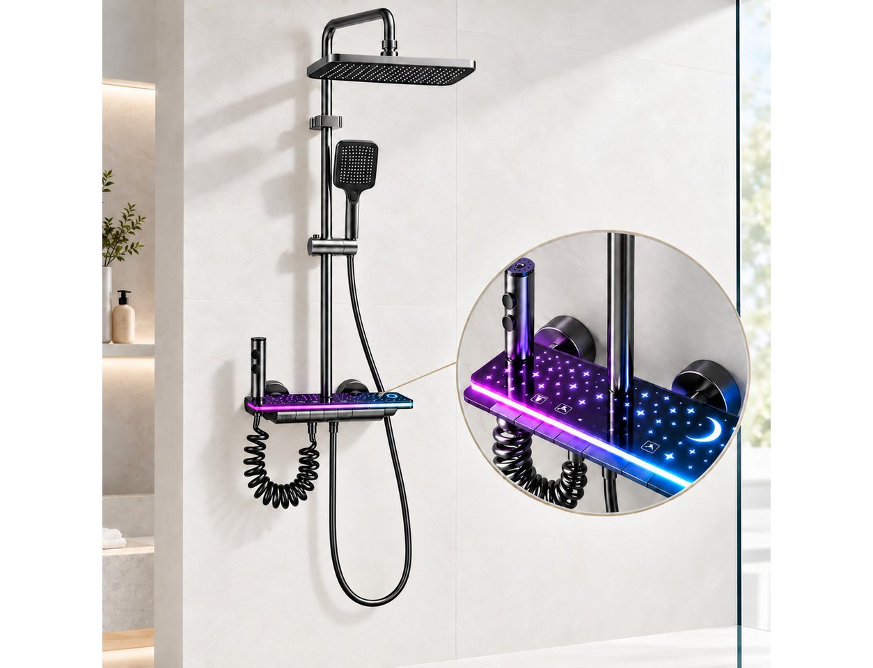LuxaSteel Duschsystem Duscharmatur mit Regendusche, LED, Temperatur- und Duschzeitanzeige, 5 Strahlart(en), Komplett-Set, Direkt einsatzbereit, betrieben durch internes Wasserkraftwerk, keine externe Stromquelle Bild 5