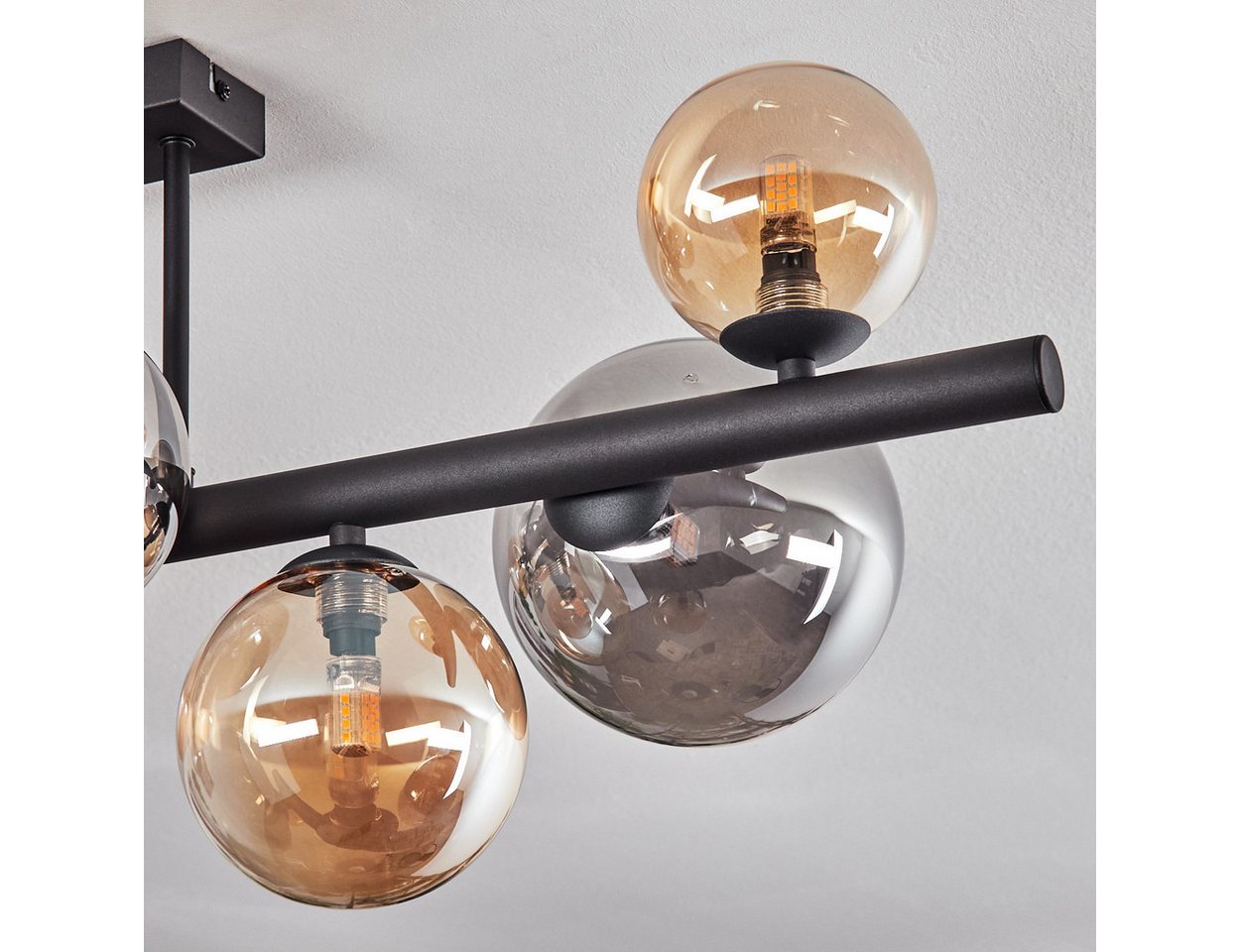 hofstein Deckenleuchte Deckenlampe aus Metall/Glas in Schwarz/Rauch-/Bernsteinfarben, ohne Leuchtmittel, Leuchte im Retro/Vintage-Design, Glasschirme (10, 12, 15 cm), 8 x G9